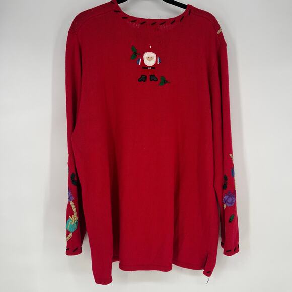 Vintage Red Christmas Sweater Embroidered Santa Toys Gifts Holiday Pullover - Picture 3 of 11